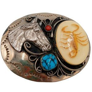 Scorpion Horse Belt Buckle Turquoise Coral Cowboy Native American Country Wester